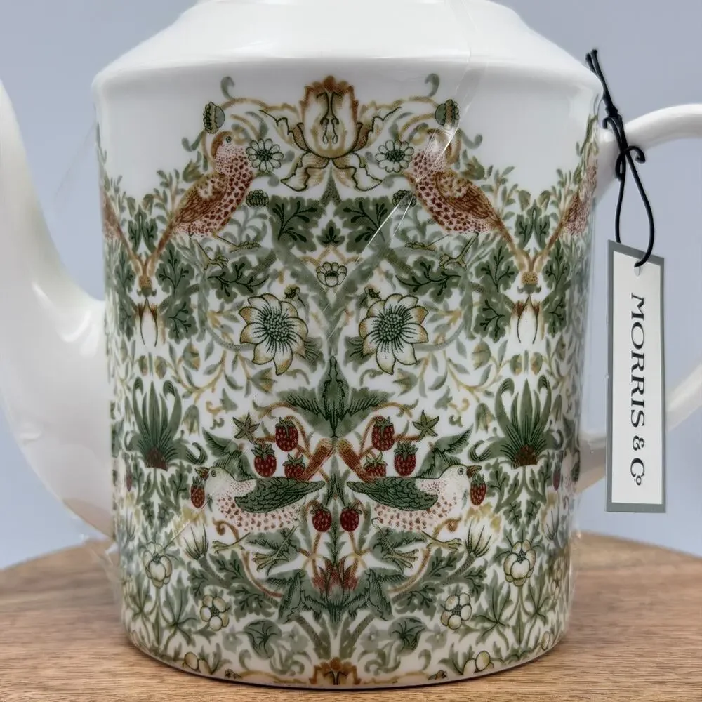 William Morris & Co Strawberry Thief White Porcelain Teapot Birds Green Tan NIP